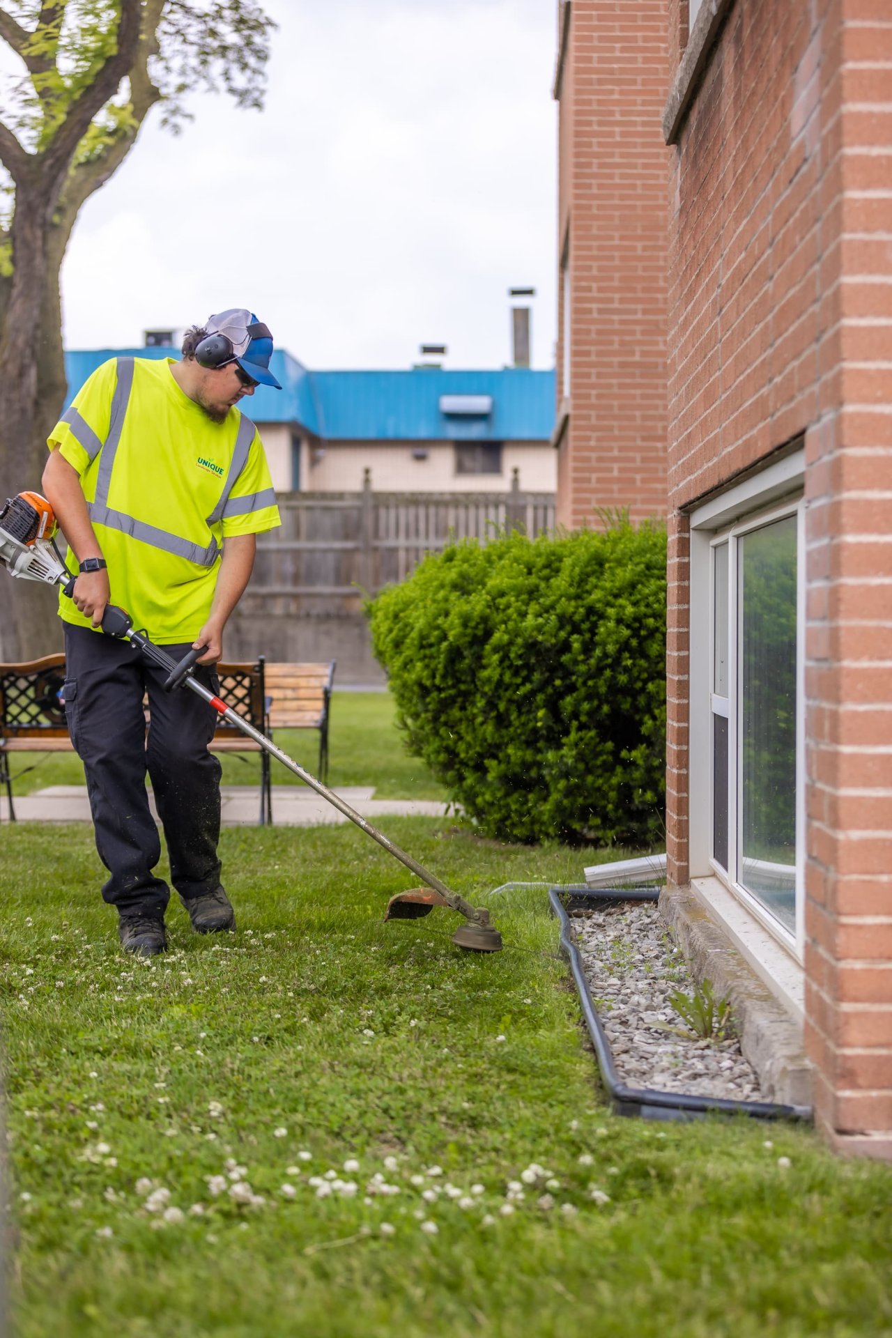 Unique crew member edging a lawn.