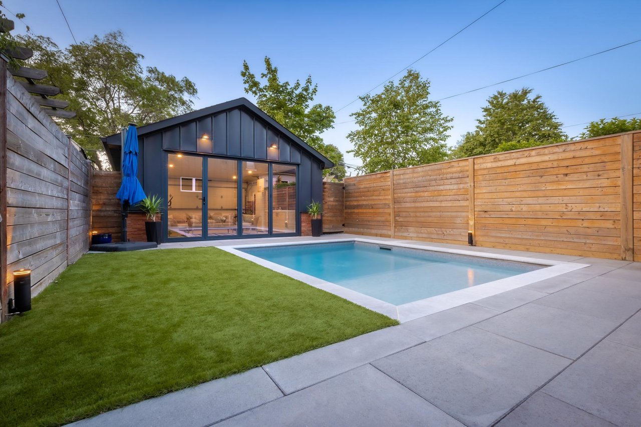 Backyard pool and shed